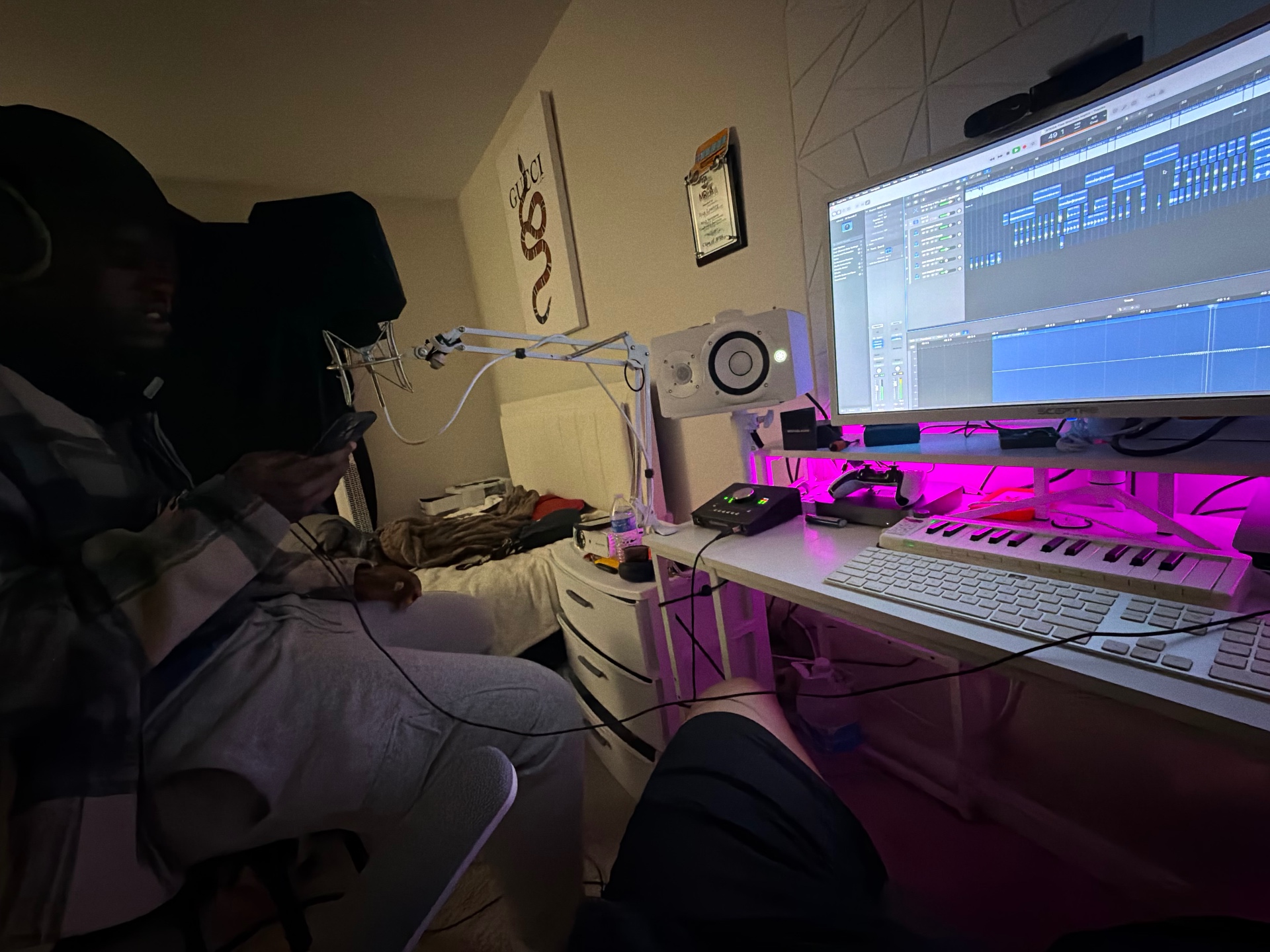 Logic Pro session in progress with Universal Audio Apollo interface and MIDI keyboard