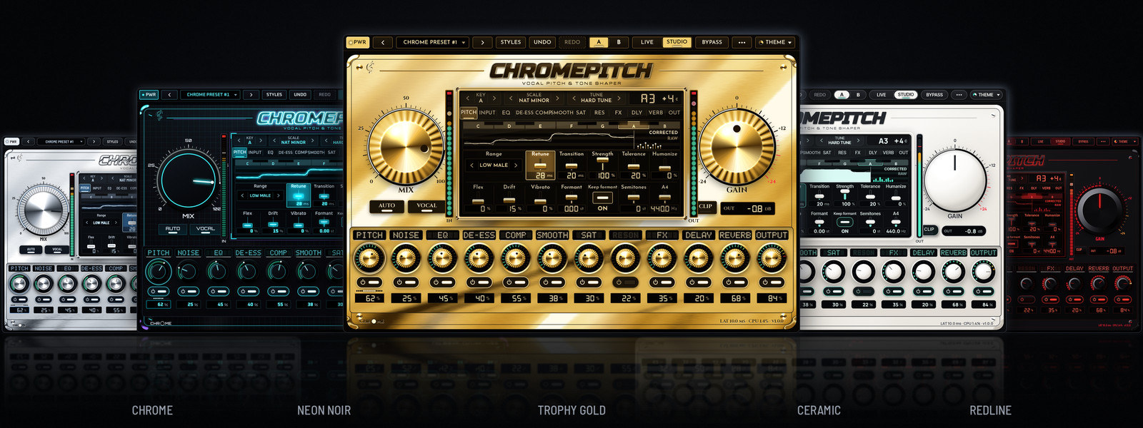 ChromePitch in five themes: Chrome, Neon Noir, Trophy Gold, Ceramic and Redline