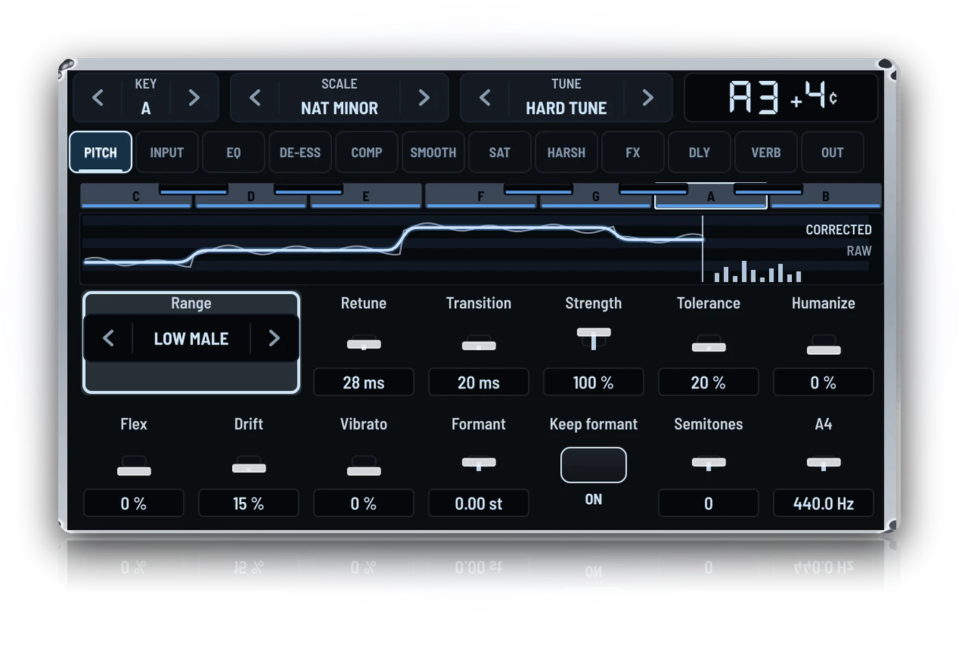 ChromePitch pitch screen with key, scale and Hard Tune controls